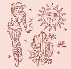 a drawing of a woman with tattoos on her body and cactus in the foreground