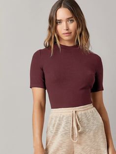 Maroon Casual Collar Short Sleeve Fabric Plain  Embellished Slight Stretch Summer Women Clothing Shein Basics, Rib Knit Top, Ribbed Knit Top, Womens Basic, Women T Shirts, Shein Tops, Knit Tees, Shein Style, Workout Tee