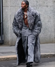 Outfit Ideas Model, A Cross Necklace, Halloween Outfit Ideas, Fur Coat Men, Fur Outfit, Fur Coat Outfit, Mens Fur Coat