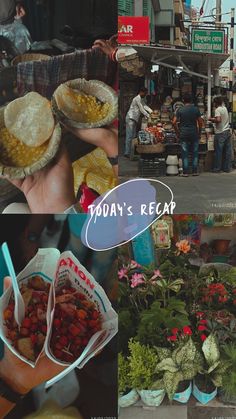 the collage shows people shopping at an outdoor market, and food is being sold