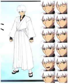 an anime character with white hair and black eyes wearing a kimono over his head