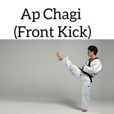 a man doing karate moves with the words'app chagi front kick'above him