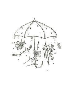 a drawing of someone holding an umbrella with flowers and butterflies all over it, in the rain