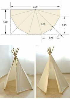 three pictures of a teepee with measurements for it