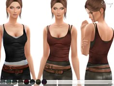 three different poses of a woman in brown and black clothing, one with her hand on her hip