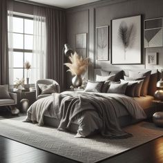 a large bed sitting next to a window in a room with gray walls and wooden floors