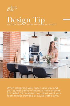 a woman standing in front of a kitchen counter top with the words design tip written on it