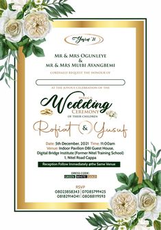 an elegant wedding card with flowers and greenery