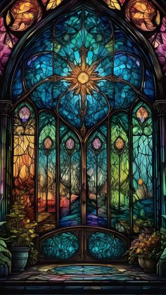 an artistic stained glass window with flowers and trees