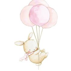 a drawing of a bunny holding three balloons in the air with pink bows on its head