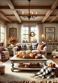 a living room filled with furniture and lots of pumpkins on the coffee table in front of