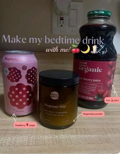 three different types of juices are labeled in this image, including one with red berries and the other with pink raspberries