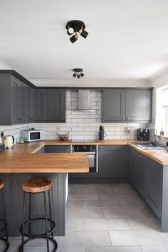 a kitchen with grey cabinets and wooden counter tops