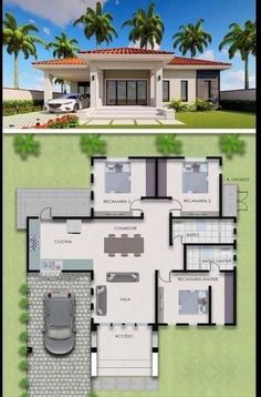 two story house plan with garage and living room in the middle, surrounded by palm trees