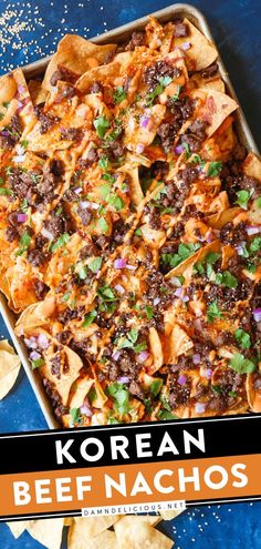 KOREAN BEEF NACHOS, game day food, football appetizers Asian Game Day Food, Mexican Game Day Food, Football Game Day Recipes, German Nachos, Game Day Party Food, Nacho Meat Recipe, Korean Appetizers For Party, Bulgogi Nachos, Korean Nachos Recipe