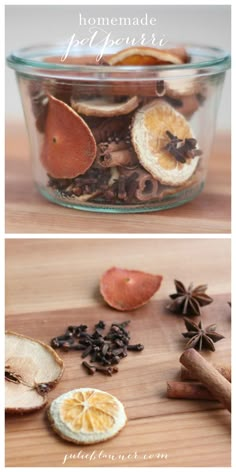 the ingredients for this homemade apple cider are in a glass bowl