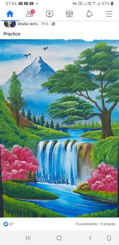 an image of a waterfall with trees and flowers painted on it