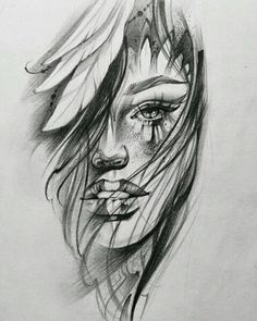 a drawing of a woman's face with feathers on her head