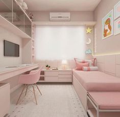 an instagram page with a pink bedroom and desk in the corner, on top of a white carpeted floor