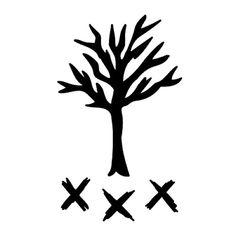 a black and white drawing of a tree with four crosses on the ground below it