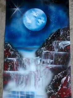 a painting of a waterfall with a full moon in the sky and stars above it