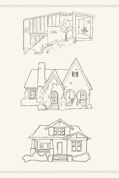 three different types of houses in the same drawing style, each with windows and doors