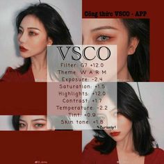 a woman with long black hair and red lipstick is shown in four different photos, including the words vsco