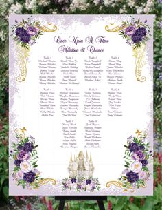 a wedding seating chart with purple flowers on it