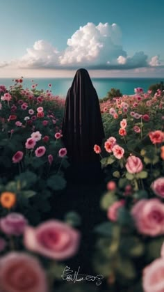 a person standing in a field of flowers