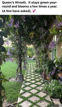 an image of a garden with purple flowers on the trees and grass in the yard