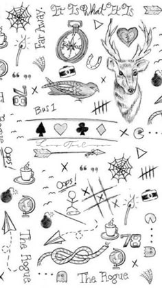 an ink drawing of various symbols and things on the page, including a deer's head