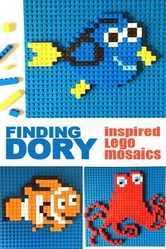 the cover of finding dory inspired lego mosaics