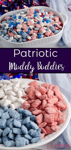 patriotic muddy buddies on a plate with red, white and blue candies in the middle