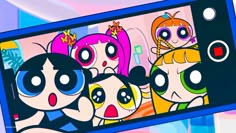 cartoon characters are on the screen of a cell phone