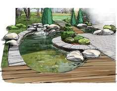 an artistic rendering of a garden pond