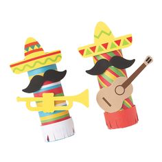 two paper tubes are decorated with different types of instruments and sombreros on them