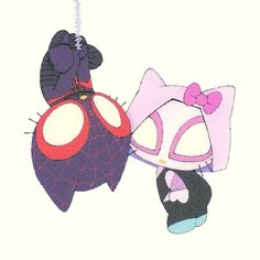 two cartoon characters hanging from strings on a white background, one wearing a pink hat and the other in a purple dress