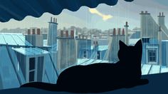 a black cat sitting on top of a window sill looking out at the city