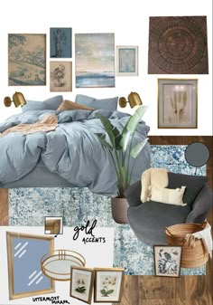 a collage of photos with blue and white decor on the walls, bed linens, pillows, pictures, plants, and artwork