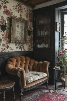 a living room filled with furniture and flowers