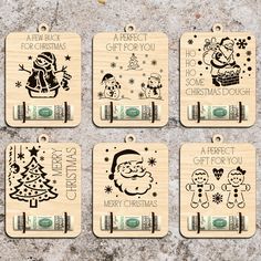 six wooden tags with christmas designs on them