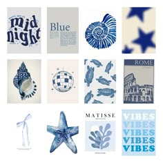 various blue and white items are arranged in a grid pattern, including starfish, seashells, shells, and more