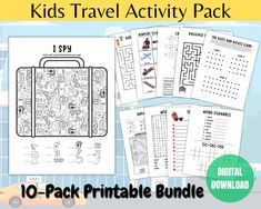 the kids travel activity pack includes 10 printable worksheets