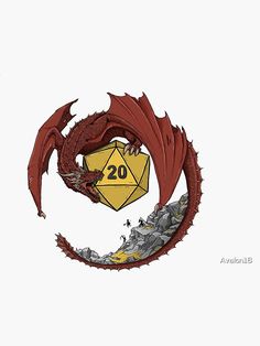 a drawing of a red dragon with a yellow d20 sign in the middle of it