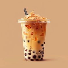 an iced coffee with caramel and chocolate toppings in a plastic cup on a brown background