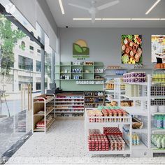 the inside of a grocery store filled with lots of food and drink bottles on shelves