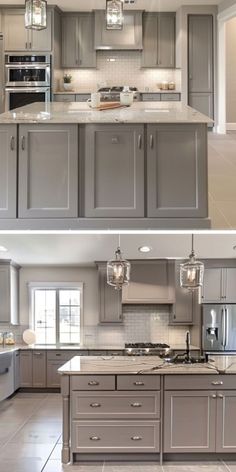 two pictures of the same kitchen with gray cabinets