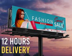 a billboard with the words fashion week on it and an image of a woman holding shopping bags