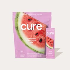 a bag of watermelon and black olives next to a packet of pure hydrating electrohydrate mix