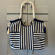 Nwt Navy And White Cotton Tote Bag Overall 20”L, 16” H, 6” W, Strap Drop 11”. Unique Tote Bag, Cotton Tote Bag, Cotton Totes, Cotton Tote Bags, Womens Tote Bags, White Cotton, Navy And White, Blue White, Overalls